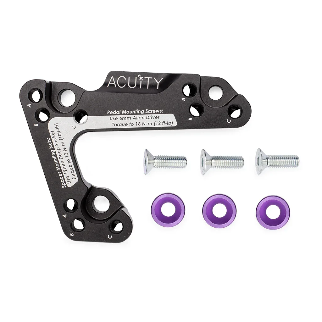Pedal spacer laid flat showing the A, B and C mounting positions, torque specs and included hardware