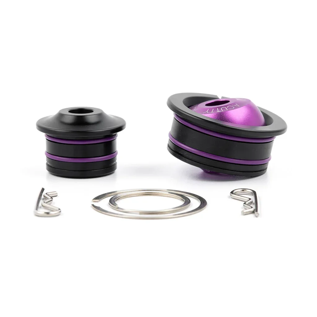 Side view of both bushings with purple elastomer o-rings and stainless hardware